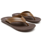 Men's flip flops with brown soles and dark beige, stitched straps