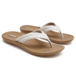 Women's flip flops with dark beige soles and white, woven straps