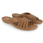 Light brown women's flip flops with elegant woven strap design