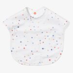 White bib with colored dots and red snap closure