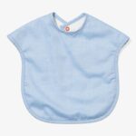 Baby-blue bib with red snap closure