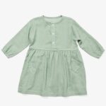 Green longsleeve kids' dress decorated with dark-green vertical lines, buttons at the neck opening and a small pocket.