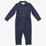 Blue kids' jumpsuit with red buttons down the front and elatic around the waist.