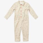 White kids' jumpsuit decorated with colored dots. It also has red buttons down the front and elatic around the waist.