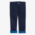 Dark-blue kids' trousers with light-blue inner lining, belt loops, a white button and 2 front pockets.