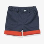 Blue kids' shorts with red inner lining, belt loops, a baby blue button and 2 front pockets.