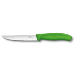 Serrated swiss steak knive with green plastic handle.