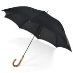 Classic black umbrella with curved wooden handle