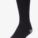 Black crew sock with grey toe and heel.