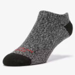 Grey and black speckled ankle sock with black toe and heel.