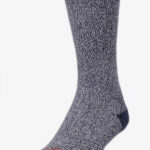 Grey and black speckled crew sock with blue toe and heel.