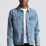 Man wearing light blue denim jacket.