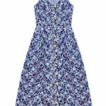 Sleeveless, button-down, v-neck dress with knots at the shoulders and a purple flower and fish motif.