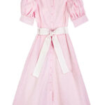 Short-sleeve, button-down, pink dress with light-pink waistband.