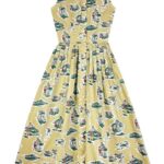 Sleeveless, button-down dress with artistic golf related drawings on green-yellow background.