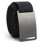 Black nylon belt with plain aluminum plate buckle.