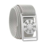 Silver colored nylon belt with with aesthetic design cut out of the buckle.