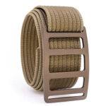 Olive green nylon belt with slotted aluminum buckle.