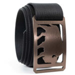 Black nylon belt with American bison shape cut out of the buckle.