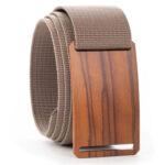 Beige nylon belt with olive wood texture painted in grayscale on the buckle.