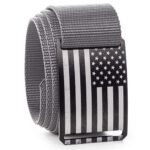 Grey nylon belt with American flag painted in grayscale on the buckle.