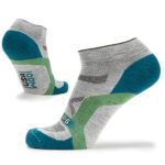 Light grey woolen ankle socks with green and blue detailing.