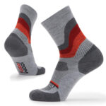 Light grey woolen crew socks with red and dark grey detailing.