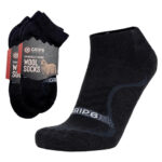 Black woolen ankle socks with grey detailing.