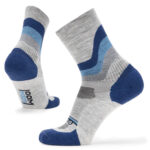 Light grey woolen crew socks with blue and dark grey detailing.