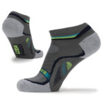 Dark grey woolen ankle socks with green and light grey detailing.