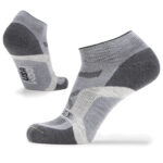 Light grey woolen ankle socks with white and dark grey detailing.