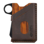 Walnut woodgrain wallet with loop and brown leather casing.