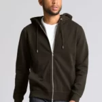 Man wearing mud green hoodie with zipper.