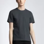 Young man wearing charcoal melange cotton t-shirt.