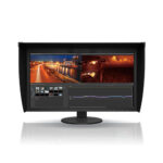 Wide computer coloredge monitor with monitor hood.