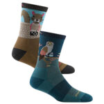 Blue boot socks depicting an owl and brown boot sock depicting a squirrel.