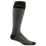 Dark grey over the calf socks with orange and black detailing.