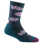 Blue boot socks depicting light purple flowers.