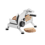 Manual food slicer slicing bread.