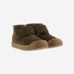 Army green kids' shoes with big velcro strap.