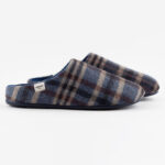 Men's slipon slippers in blue plaid pattern with stripes in several colors.