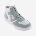 White women's sneaker-like ankle boot with light blue green detailing.