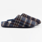 Women's slipon slippers in blue plaid pattern with stripes in several colors.