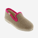 Beige women's slippers with bright pink border.