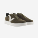 Army green women's sneakers with white detailing.