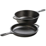 Cast iron combo cooker with lid, both with pan handles.