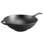 Cast iron wok with pan handle.