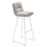 Bar stool with white fabric upholstery.