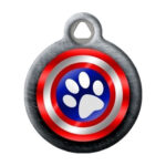 Pet tag with Captain America shield with paw print in the center depicted on it.